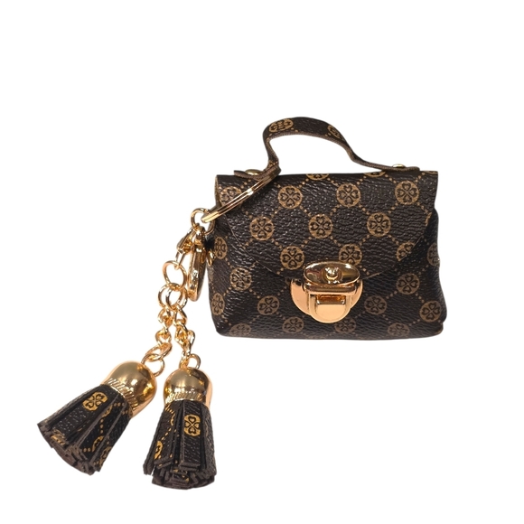 Chic Brown Patterned Keychain Bag with Gold Details - Picture 10 of 10